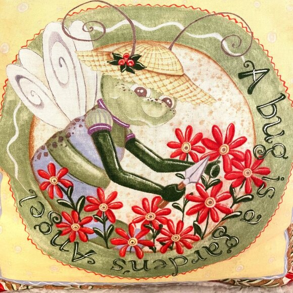 Gardens Angel Bug Decorative Pillow With Red Floral Design & Green Backing - Picture 2 of 8